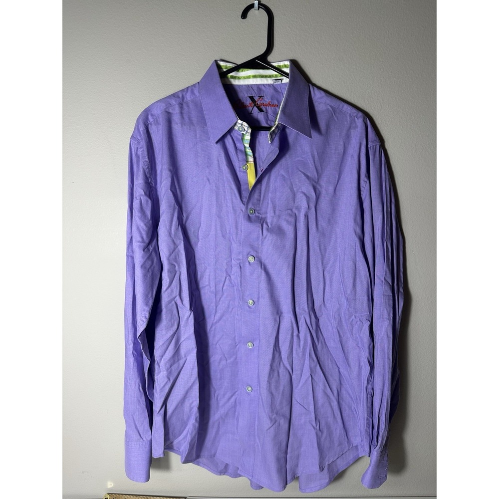 Robert Graham Mens Shirt Long Sleeve Flip Neck Cuff XL Purple Plaid Front Pastel